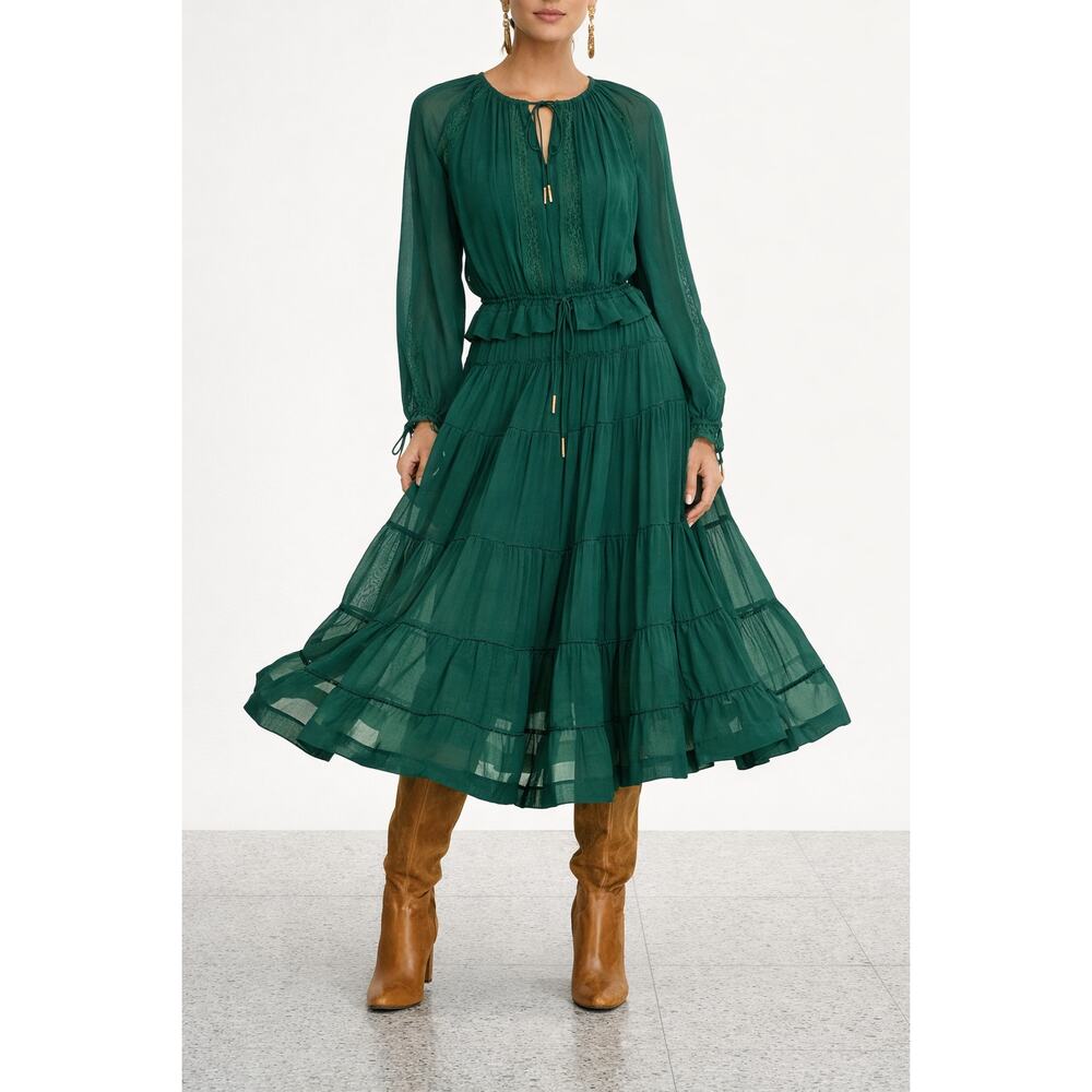 Zimmermann Maxi Dress 4 Small Emerald Green Tiered Lace Trim Boho Long Sleeve